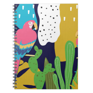 Caderno Espiral Folhas tropicais, papagaios: fundo de verão.