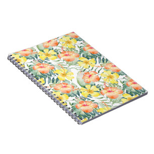 Caderno Espiral Folhas Tropicais Peach Amarelo Hibiscus Floral