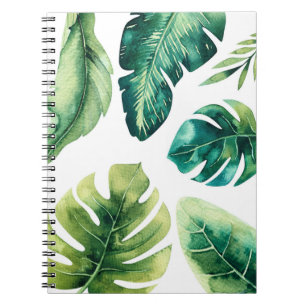 Caderno Espiral Folhas Tropicais Verdes Branco Elegante Chic Verão