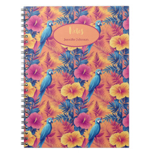 Caderno Espiral Folhas Tropicais Vibrantes e Parrots Padrão de Ver