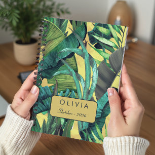 Caderno Espiral Folhas verdes tropicais elegantes padrão amarelo