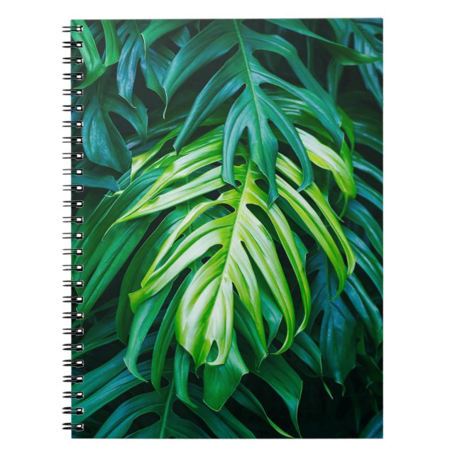 Caderno Espiral Folhas verdes tropicais sobre fundo escuro, nature (Frente)