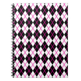 Caderno Espiral Forma de Diamante Estampa Argyle Preta e Rosa