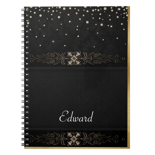 Caderno Espiral Formal Dourado no fundo preto (Frente)
