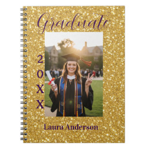 Caderno Espiral Foto de formatura com brilho dourado adicionar nom