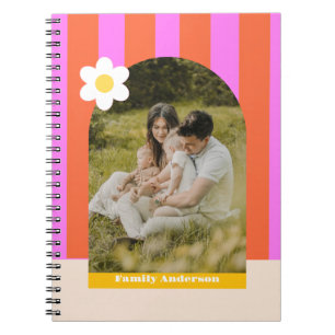 Caderno Espiral Foto família listras modernas colorido retrô