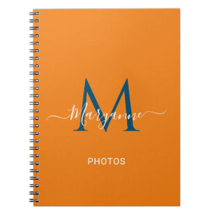 Caderno Espiral Fotos azuis de monograma personalizado laranja e a