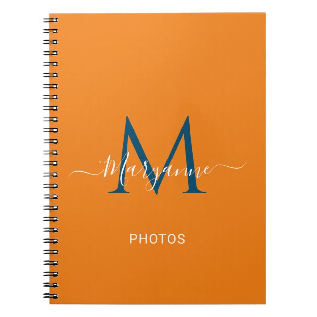 Caderno Espiral Fotos Azuis e Laranja Personalizadas do Monograma (Frente)