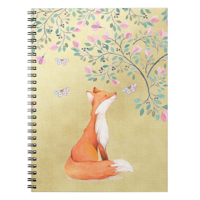 Caderno Espiral Fox com borboletas e as flores cor-de-rosa (Frente)