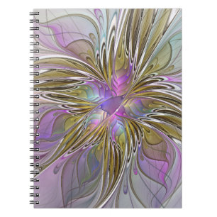 Caderno Espiral Fractal Abstrato Colorida Floral, Rosa E Dourada