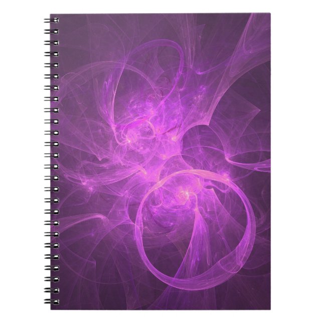 Caderno Espiral Fractal Abstrato púrpura e rosa com círculos (Frente)