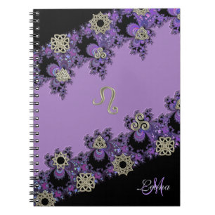Caderno Espiral Fractal celta roxo personalizado de Leo do sinal
