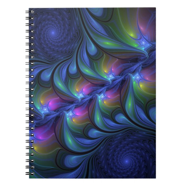 Caderno Espiral Fractal verde cor-de-rosa Abstrato azul-colorido (Frente)