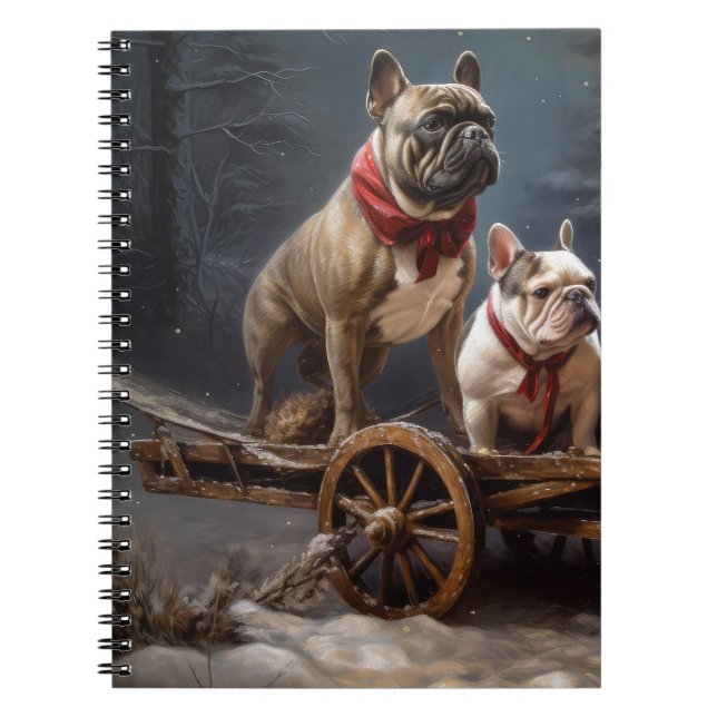 Caderno Espiral Francês Bulldog Snowy Sleigh Decência de Natal (Frente)