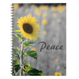 Caderno Espiral Frase "Paz", Campo de Girassóis, Preto e Branco