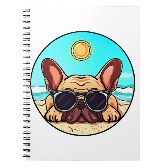 Caderno Espiral Frenchie gostando da praia (Frente)
