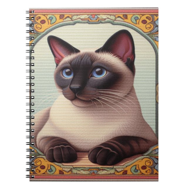 Caderno Espiral Fronteira Floral Realista Cute Siamesa Colorida (Frente)
