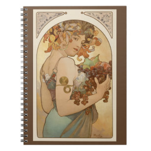 Caderno Espiral Fruta de Alphonse Mucha, Arte Novo Vintage