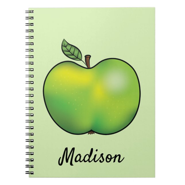 Caderno Espiral Fruta de Maçã de Cartoon Verde com Texto Personali (Frente)