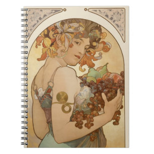 Caderno Espiral Fruta por Alphonse Mucha, Arte Novo Vintage