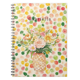 Caderno Espiral Frutado Rosa Verde Amarelo Floral Abacaxi