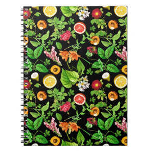 Caderno Espiral Frutas e Folhas Padrão em Preto