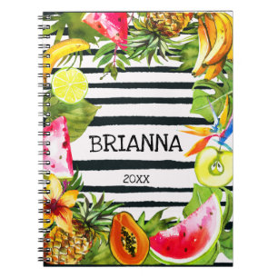 Caderno Espiral Frutas tropicais e flores em faixas pretas