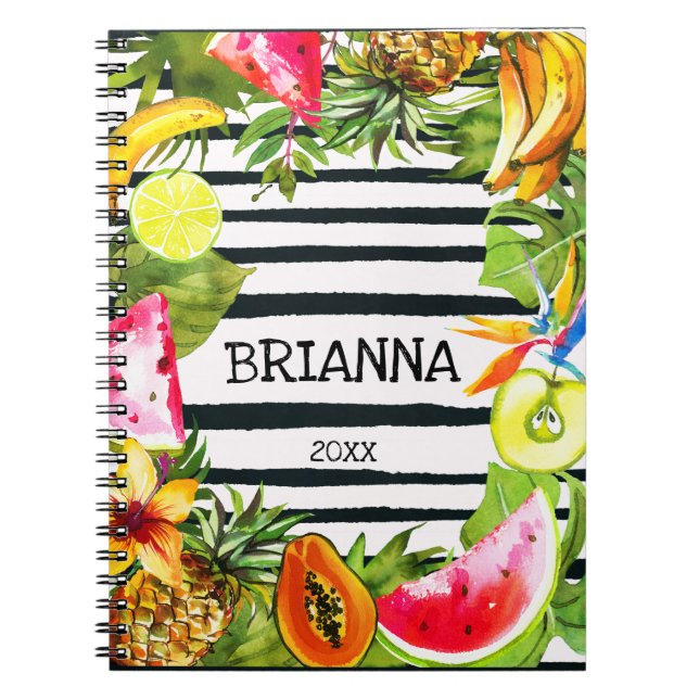 Caderno Espiral Frutas tropicais e flores em faixas pretas (Frente)
