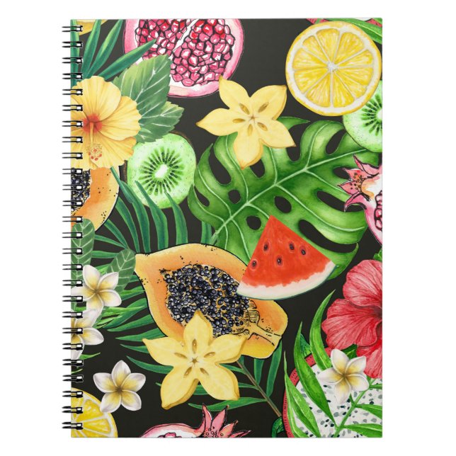 Caderno Espiral Frutas tropicais, flores e folhas a preto (Frente)