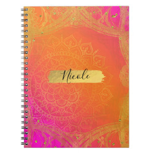 Caderno Espiral Fuchsia Rosa Laranja & Dourado Glam Mandala Indian