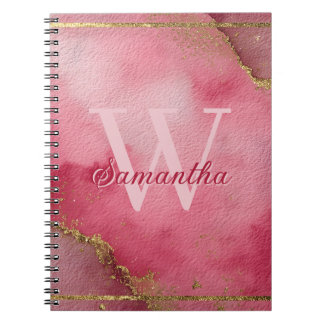Caderno Espiral Fundo de Aquarela Rosa com Glitter Dourado