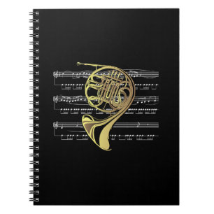 Caderno Espiral Fundo do preto do ~ da música da trompa francesa