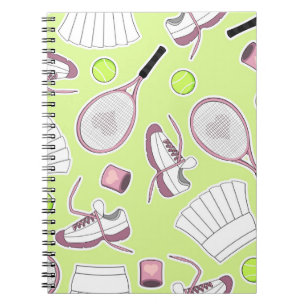 Caderno Espiral Fundo do verde do teste padrão da menina do têni