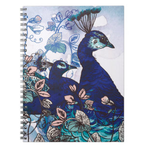 Caderno Espiral Fundo floral com pavões