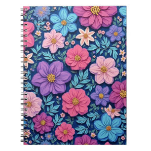 Caderno Espiral Fundo floral, rosa e roxo,