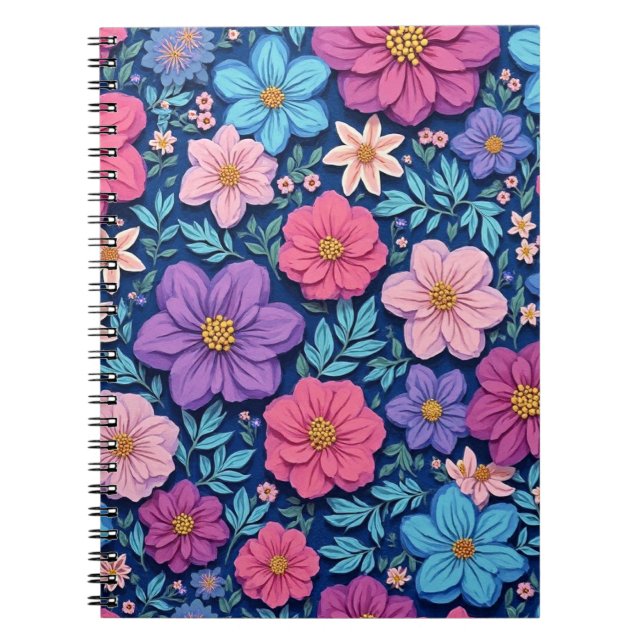Caderno Espiral Fundo floral, rosa e roxo, (Frente)