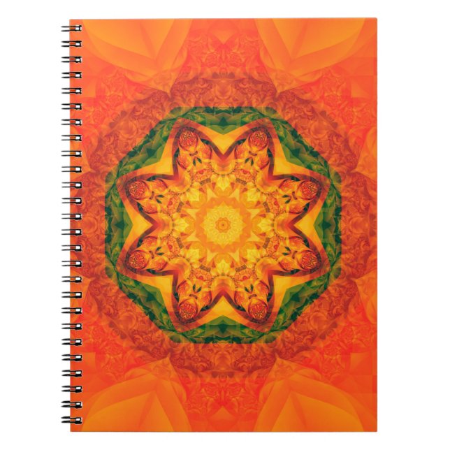 Caderno Espiral fundo laranja abstrato caleidoscópio. Bonita (Frente)
