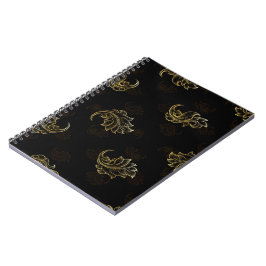 Caderno Espiral Fundo preto elegante com folha de ouro intrincada
