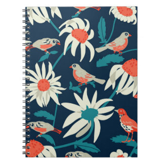 Caderno Espiral Fundo sem costura com flores e aves