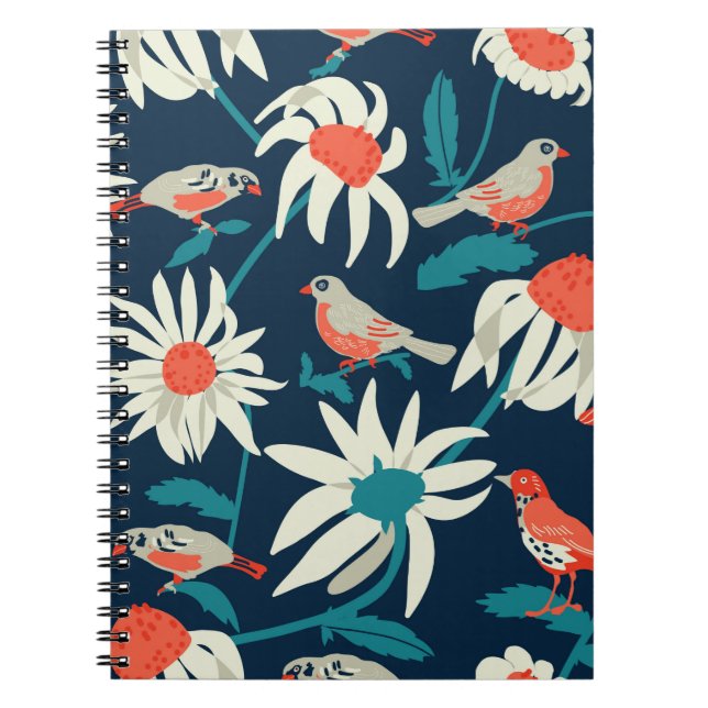 Caderno Espiral Fundo sem costura com flores e aves (Frente)