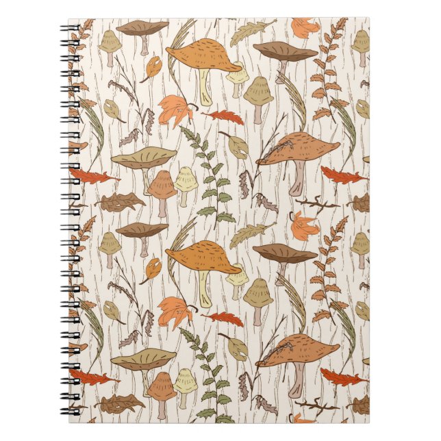 Caderno Espiral Fungos e Folhas de outono - padrão perfeito. (Frente)
