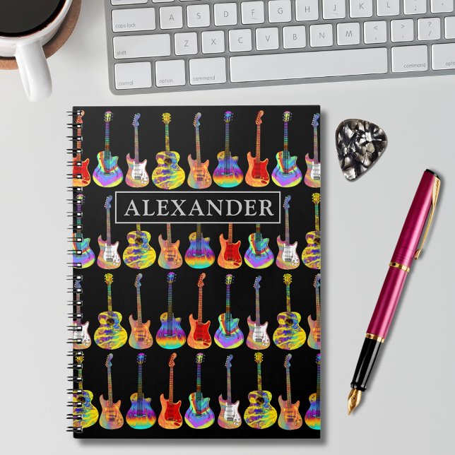 Caderno Espiral Funky Colorful Guitar Patterno Add Name (Funky colorful guitar pattern on black personalized name notebook for musician guitarist songwriting)
