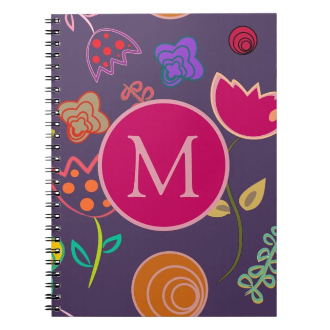 Caderno Espiral Funky Tulip Pattern Purple Monogram (Frente)