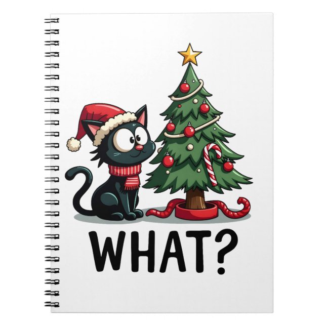 Caderno Espiral Funny Black Cat Gift Pushing Christmas Tree Over C (Frente)