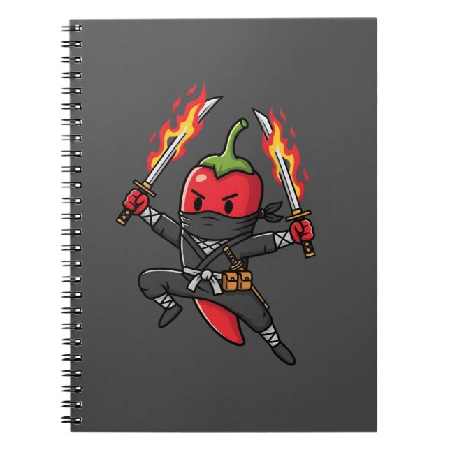 Caderno Espiral Funny Chili Pepper Fire Ninja Samurai Illustration (Frente)