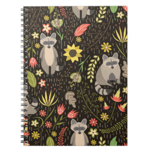 Caderno Espiral Funny Raccoons - Padrão de Ilustração de Vintage