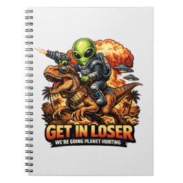 Caderno Espiral Funny Sci-Fi Fantasy Meme Art, Alien Riding Dinosa