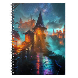 Caderno Espiral Futurista Fortaleza Gamer Neon Glowing Cyberpunk