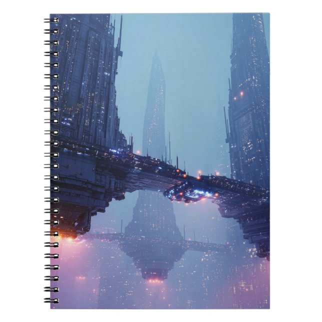 Caderno Espiral Futuristic Cityscape with Hovering Structures (Frente)