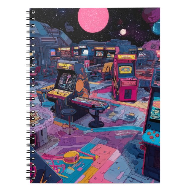 Caderno Espiral Futuristic Retro Arcade in Outer Space (Frente)